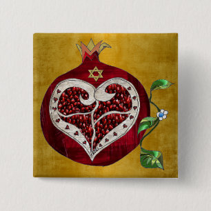 Judaica Granaatappel Hart Hanukkah Rosh Hashanah Vierkante Button 5,1 Cm