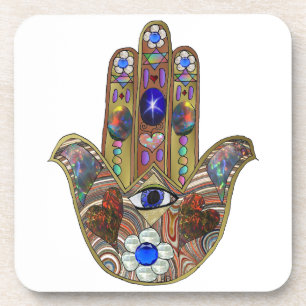 Judaica Hamsa Harten Bloemen Opal Kunstprint Drankjes Onderzetter