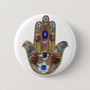 Judaica Hamsa Harten Bloemen Opal Kunstprint Ronde Button 5,7 Cm