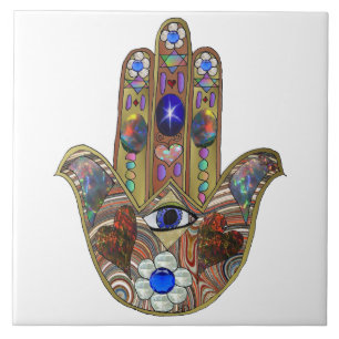 Judaica Hamsa Harten Bloemen Opal Kunstprint Tegeltje