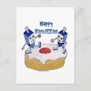 Judaica Happy Hanukkah Dancing Dreidels Doughnut Feestdagenkaart