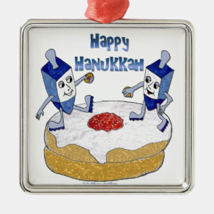 Judaica Happy Hanukkah Dancing Dreidels Doughnut Metalen Ornament
