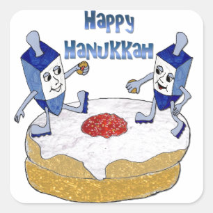 Judaica Happy Hanukkah Dancing Dreidels Doughnut Vierkante Sticker