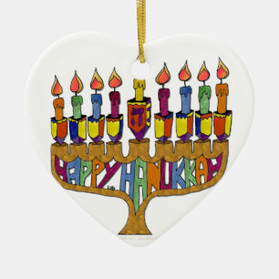 Judaica Happy Hanukkah Dreidel Menorah Keramisch Ornament