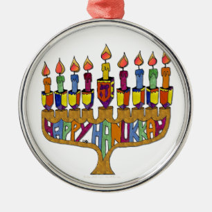 Judaica Happy Hanukkah Dreidel Menorah Metalen Ornament