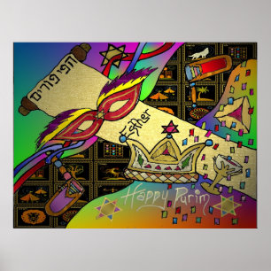 Judaica Happy Purim Jewish Holiday Poster Imprimer