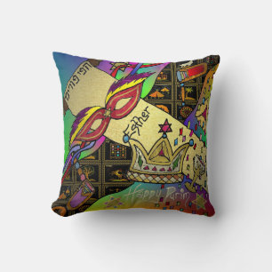 Judaica Joyeux Pourim Coussin de Lancer de Fête Ju