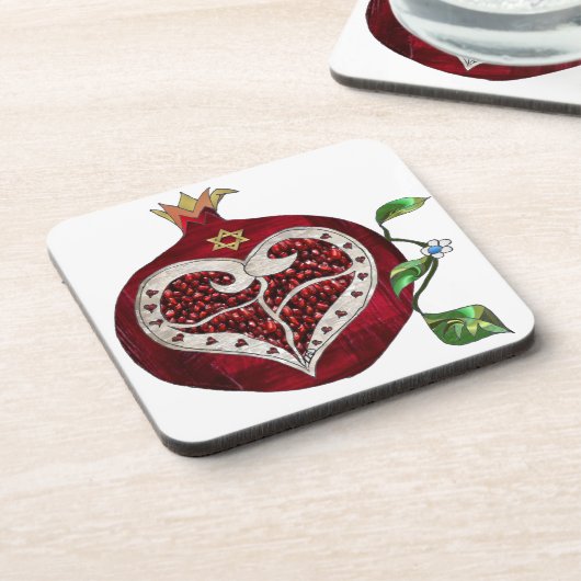 Judaica Pomegranate Heart Hanukkah Rosh Hashanah Bier Onderzetter (Linkerzijde)