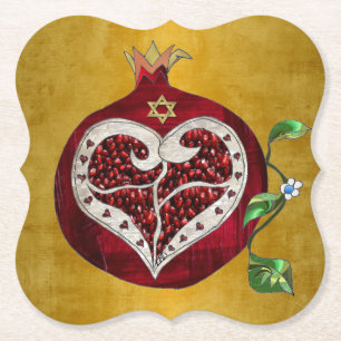 Judaica Pomegranate Heart Hanukkah Rosh Hashanah Kartonnen Onderzetters