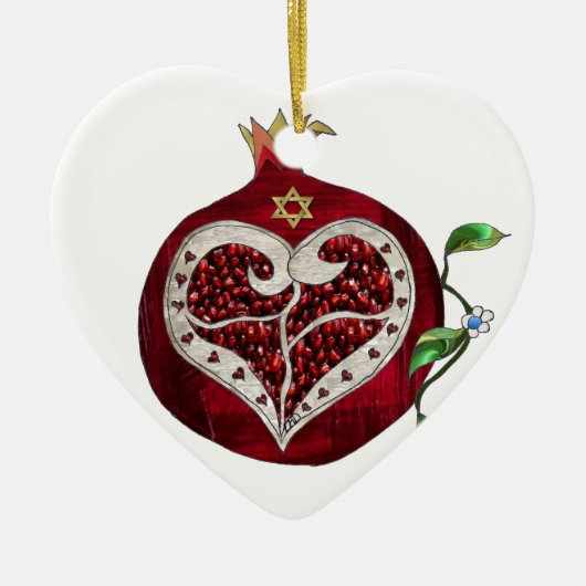 Judaica Pomegranate Heart Hanukkah Rosh Hashanah Keramisch Ornament (Voorkant)