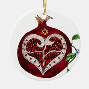 Judaica Pomegranate Heart Hanukkah Rosh Hashanah Keramisch Ornament