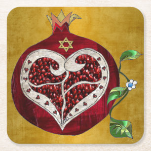 Judaica Pomegranate Heart Hanukkah Rosh Hashanah Vierkante Kartonnen Onderzetter