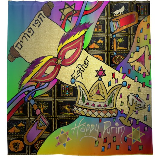 Judaica Purim Esther Celebration Dark Art Print Douchegordijn (Voorkant)
