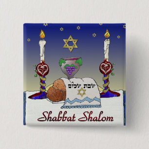 Judaica Shabbat Shalom Art Print Vierkante Button 5,1 Cm