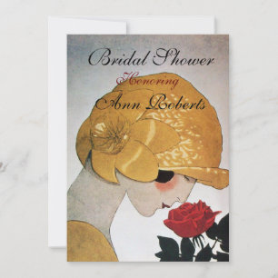 JUFFROUW MET RODE ROOS MONOGRAM BRUIDSSLUIER FEEST KAART