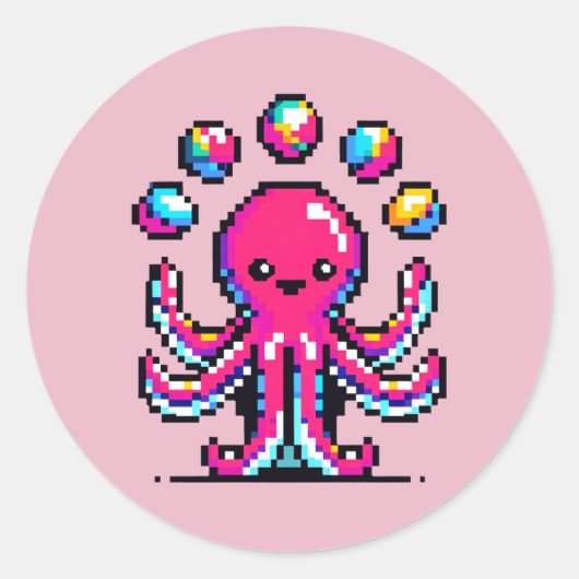 Juggling Octopus - Grappig Pixel Art Circus Design Ronde Sticker (Voorkant)