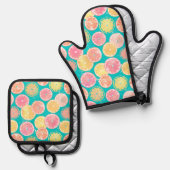 Juicy Grapefruit Slices Pattern Towel Ovenwant & Pannenlap Set (Voorkant / Achterkant)