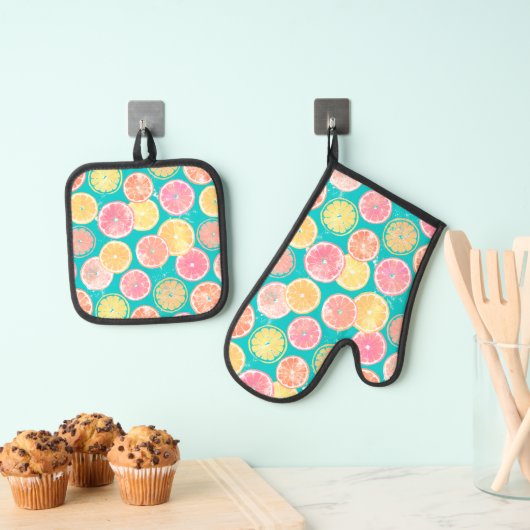 Juicy Grapefruit Slices Pattern Towel Ovenwant & Pannenlap Set (Insitu(Ophanging))