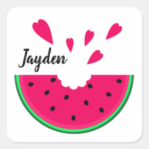 Juicy red watermelon en harten, gepersonaliseerd vierkante sticker
