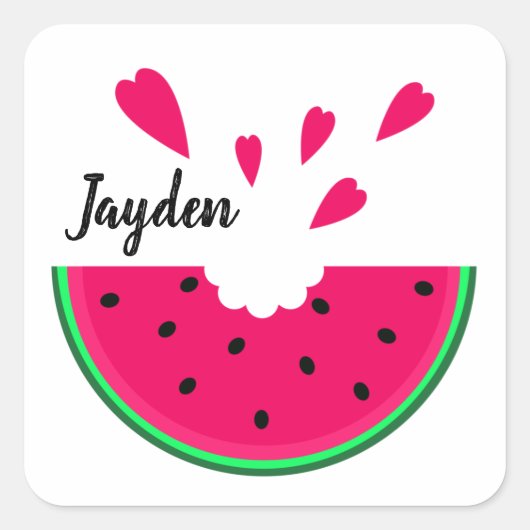 Juicy red watermelon en harten, gepersonaliseerd vierkante sticker (Voorkant)