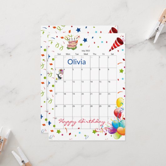 Juillet 2022 Calendrier Bonne Invitation Anniversa (Devant/Arrière en situation)