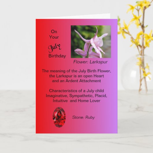 Juillet Carte d'anniversaire - Larkspur et Ruby (Fleur jaune)