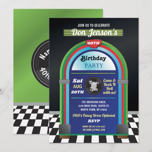 Jukebox Birthday Music 40th Diner Fifties Retro Kaart (Voorkant / Achterkant)