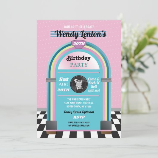 Jukebox Verjaardagsdiner Vijftigers Retro Muziek U Kaart (Staand voorkant)