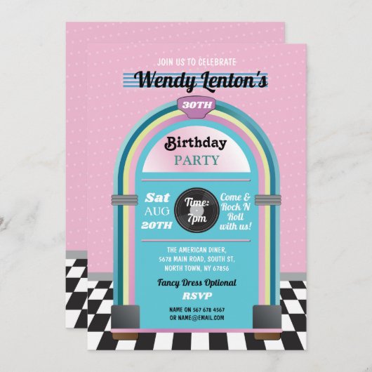 Jukebox Verjaardagsdiner Vijftigers Retro Muziek U Kaart (Voorkant / Achterkant)