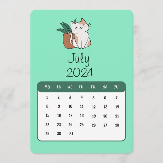 Juli 2024 Stand Alone Kat en Plant Kalender Menu (Voorkant)