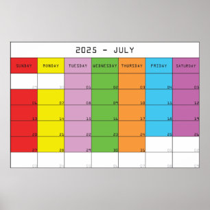 Juli 2025 kleur dagen kalender planner poster
