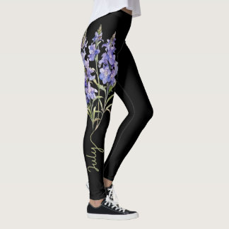 Juli Geboortebloem, Paarse Larkspur op Zwart Leggings