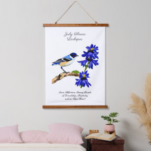 Juli Geboortemaand Bloem Blauwvogel en Larkspur Hangend Wandkleed