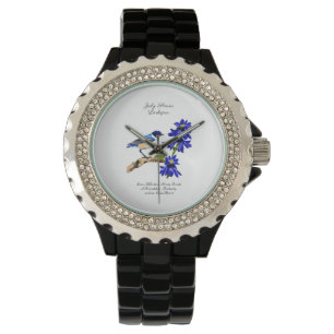 Juli Geboortemaand Bloem Blauwvogel en Larkspur Horloge