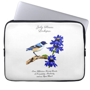 Juli Geboortemaand Bloem Blauwvogel en Larkspur Laptop Sleeve