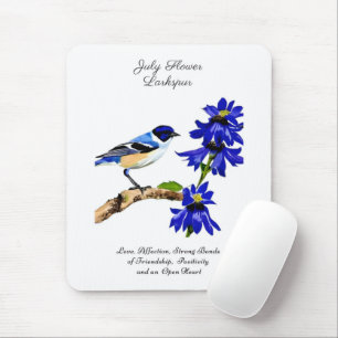 Juli Geboortemaand Bloem Blauwvogel en Larkspur Muismat