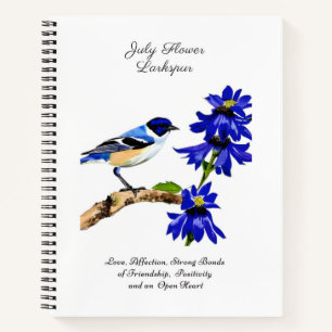 Juli Geboortemaand Bloem Blauwvogel en Larkspur Notitieboek