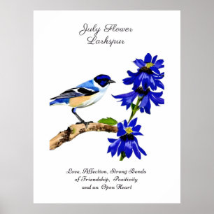 Juli Geboortemaand Bloem Blauwvogel en Larkspur Poster