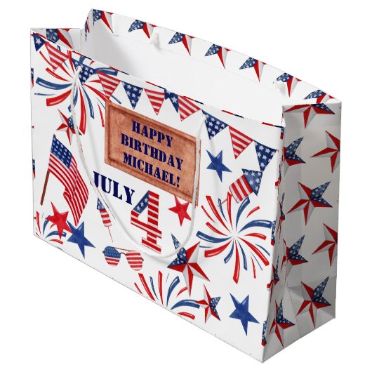 Juli Gelukkige Verjaardag Voeg Naam Patriottische  Groot Cadeauzakje (Achterkant Gekanteld)