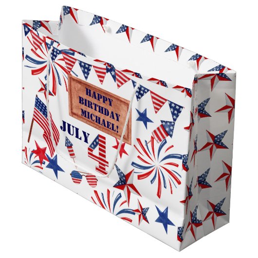Juli Gelukkige Verjaardag Voeg Naam Patriottische  Groot Cadeauzakje (Voorkant Gekanteld)