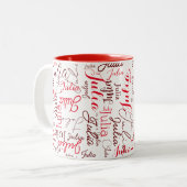 Julia Custom Red Script Name herhaald overal Tweekleurige Koffiemok (Voorkant links)