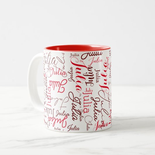 Julia Custom Red Script Name herhaald overal Tweekleurige Koffiemok (Voorkant links)