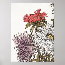 Julie De Graag Chrysanthemums Art Floral Woodcut
