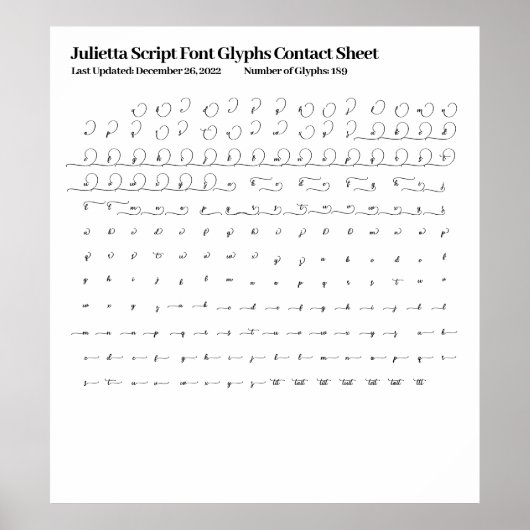 Julietta Script Lettertype Glyphs Contactblad Poster (Voorkant)