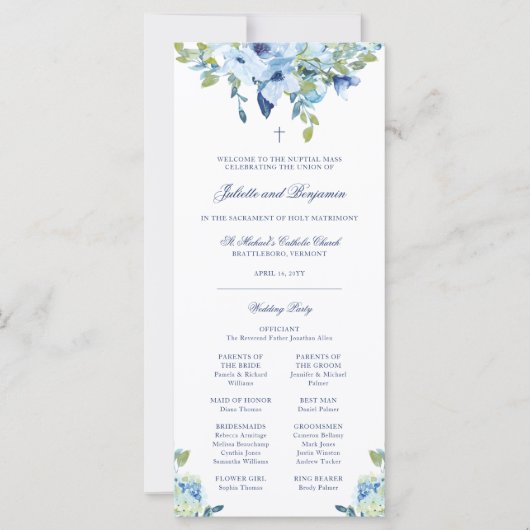 Juliette Blue Floral katholieke Wedding Program Ma (Voorkant)