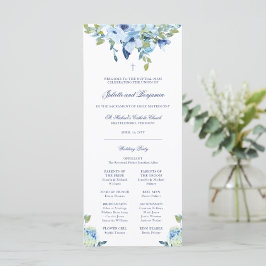 Juliette Blue Floral Programme de mariage catholiq (Debout devant)