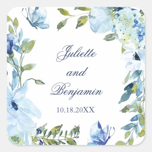 Juliette Blue Wedding Invitation Envelope Seals Vierkante Sticker (Voorkant)
