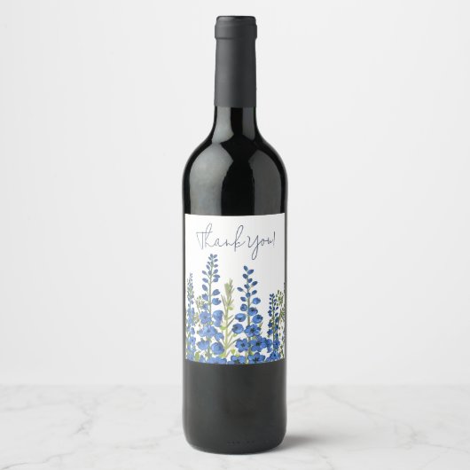 Juli's Blauwe Delphinium Bloemen Bedankt Wijn Etiket (Voorkant)
