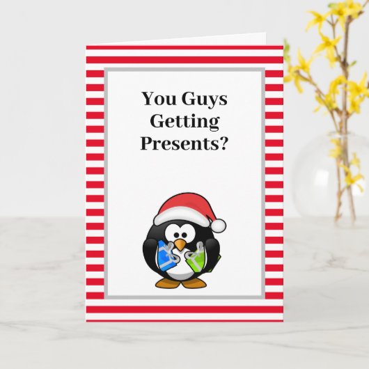 Jullie krijgen Cadeaus? Funny Penguin Kerstmis Kaart (Gele Bloem)
