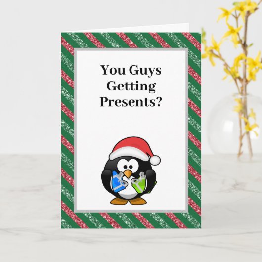Jullie krijgen Cadeaus? Funny Penguin Kerstmis Kaart (Gele Bloem)